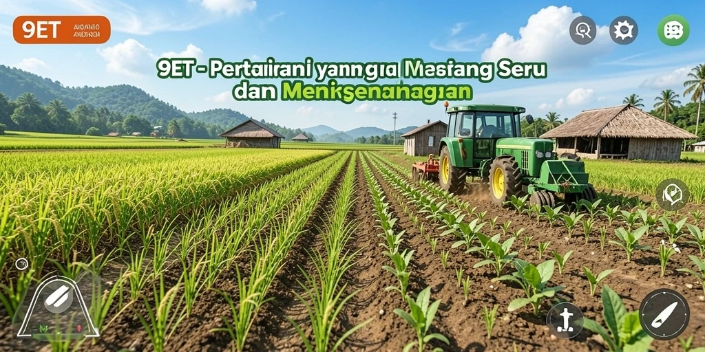Screenshot gameplay 9ET menampilkan ladang yang indah dan beragam tanaman.