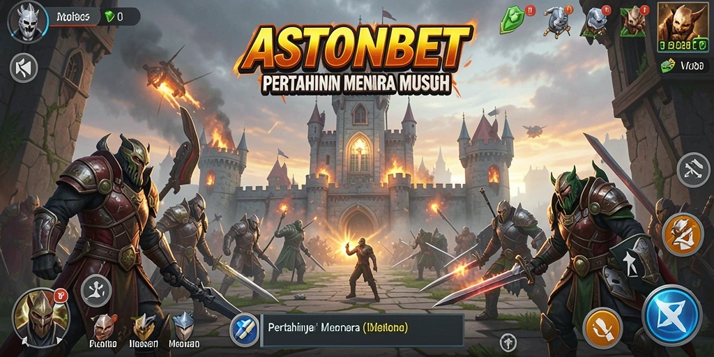 Tampilan gameplay ASTONBET menunjukkan pertempuran strategis menara melawan gelombang musuh.