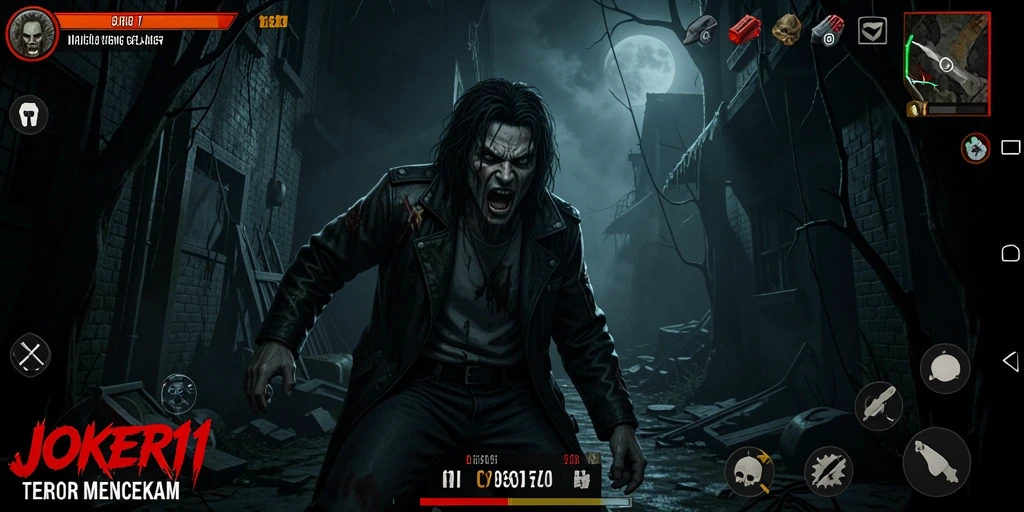 Screenshot gameplay JOKER11 menampilkan suasana Horror yang mencekam.